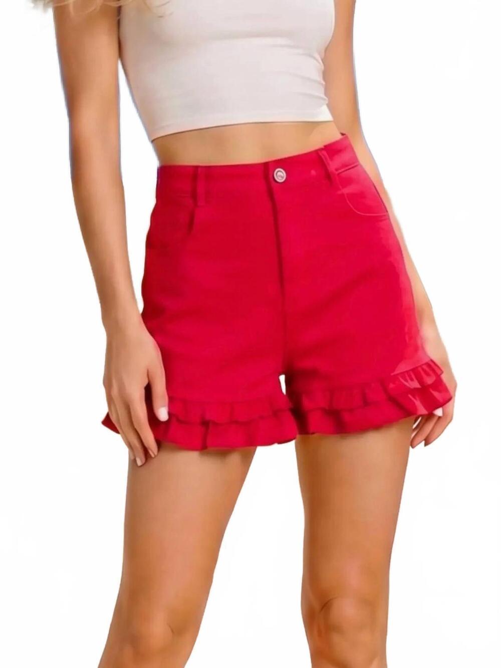 NEW MAIN STRIP women's scarlett ruffle hem summer shorts in red